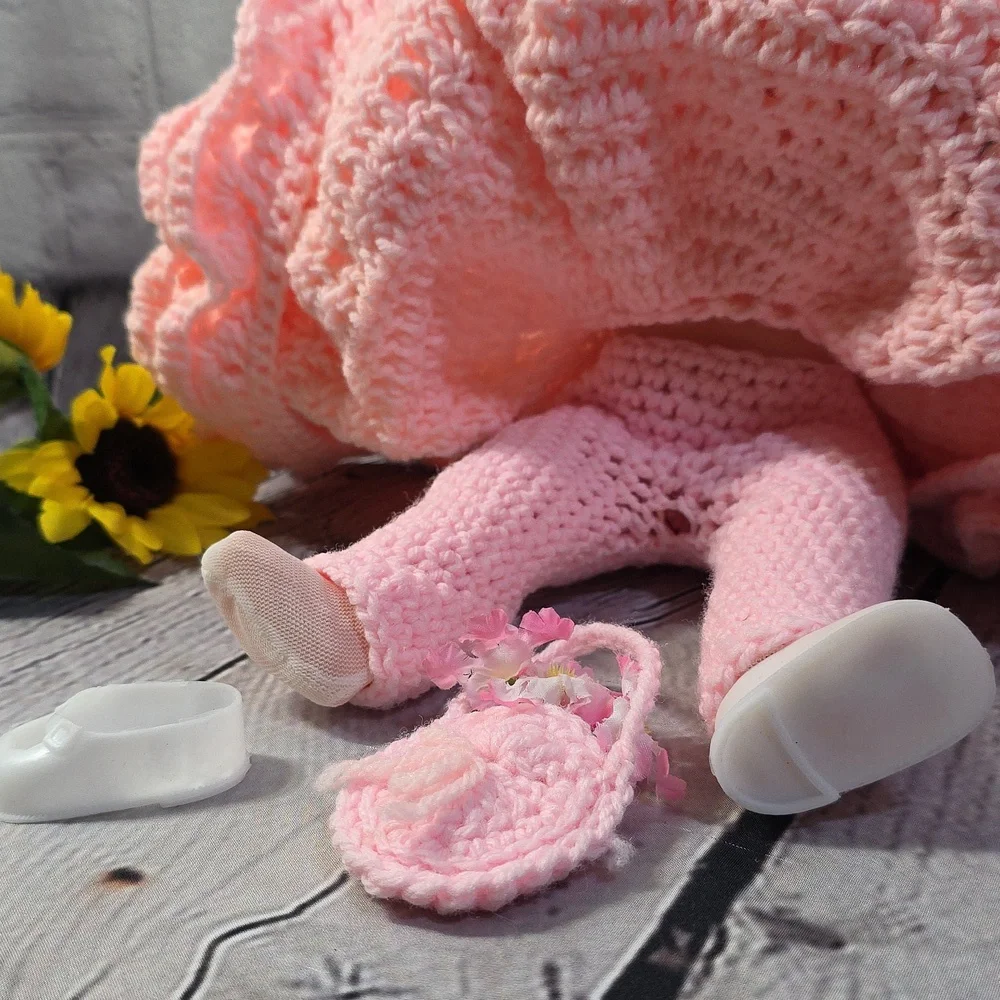 Vintage Angel Doll Brunette Crochet Dress and Accessories Pink 14